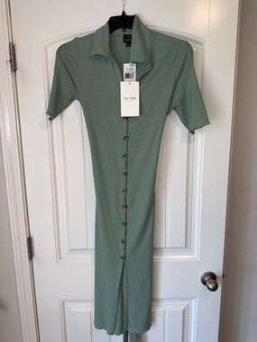Collared Ribbed Button-Front Midi Dress in Sage Green
